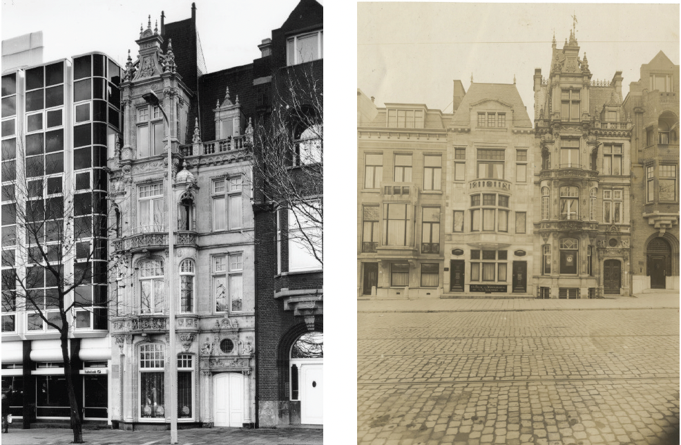 Side-by-side comparison of historic and modern buildings on a city street; the left is a black-and-white photo of an ornate, Victorian-style building, and the right is an old sepia-toned photo of a similar style building with detailed architecture.