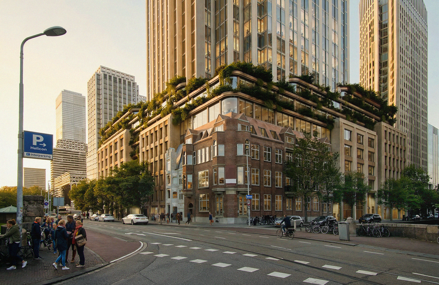 Street scene with modern high-rise building featuring balconies with greenery, and a historic brick building at the corner. Pedestrians, cyclists, parked bicycles, and cars are visible on the street.