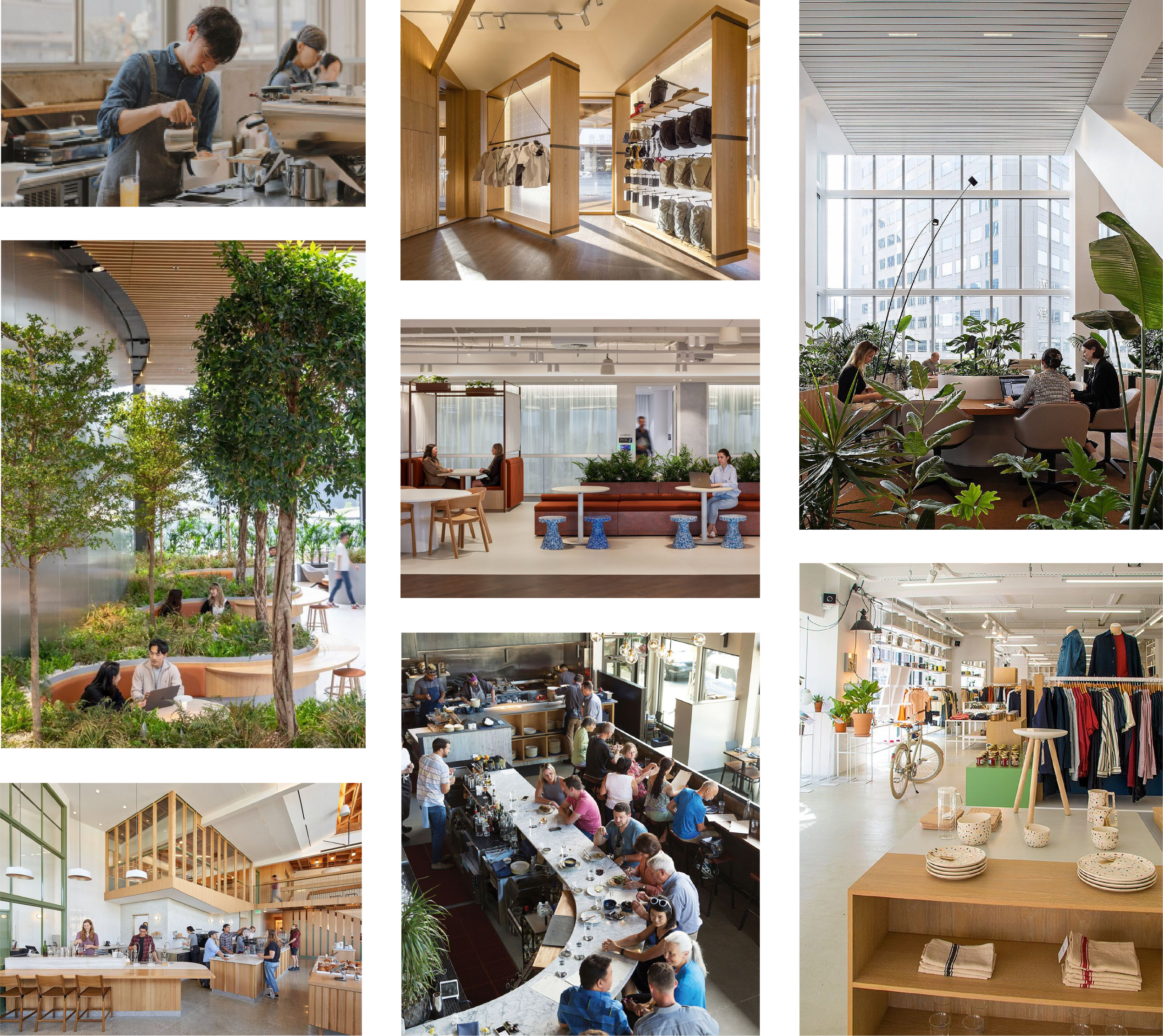 Collage of various indoor and outdoor social spaces including a coffee shop, retail store, office, plant-filled lounge, outdoor garden, and restaurant with bar.