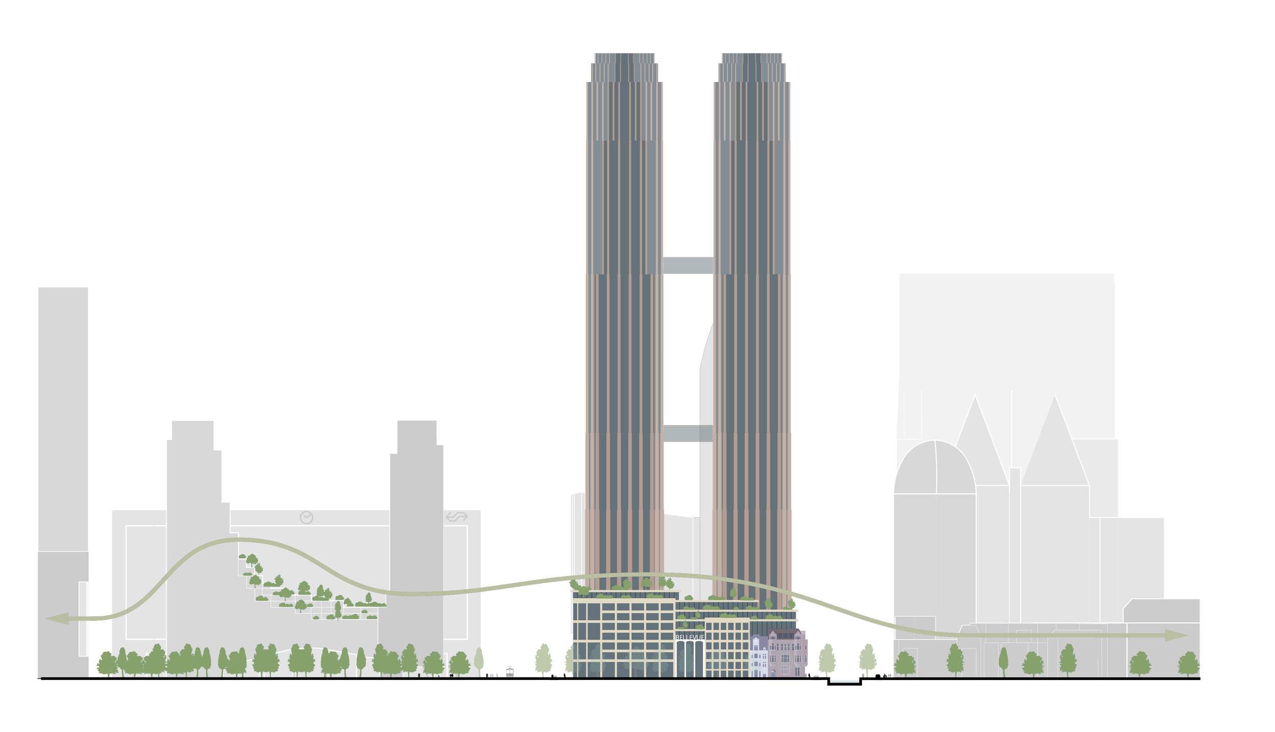 Architectural illustration of two tall skyscrapers connected by a bridge, with a base structure featuring multiple stories, surrounded by trees and a winding pathway or road.