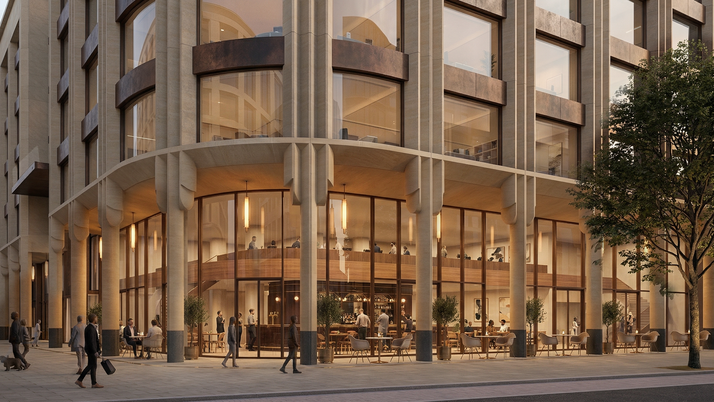Nighttime street view of a modern multi-story building with large glass windows, a restaurant interior visible on the ground floor with patrons dining, and people walking on the sidewalk outside, some with shopping bags and others with pets, with trees lining the street.