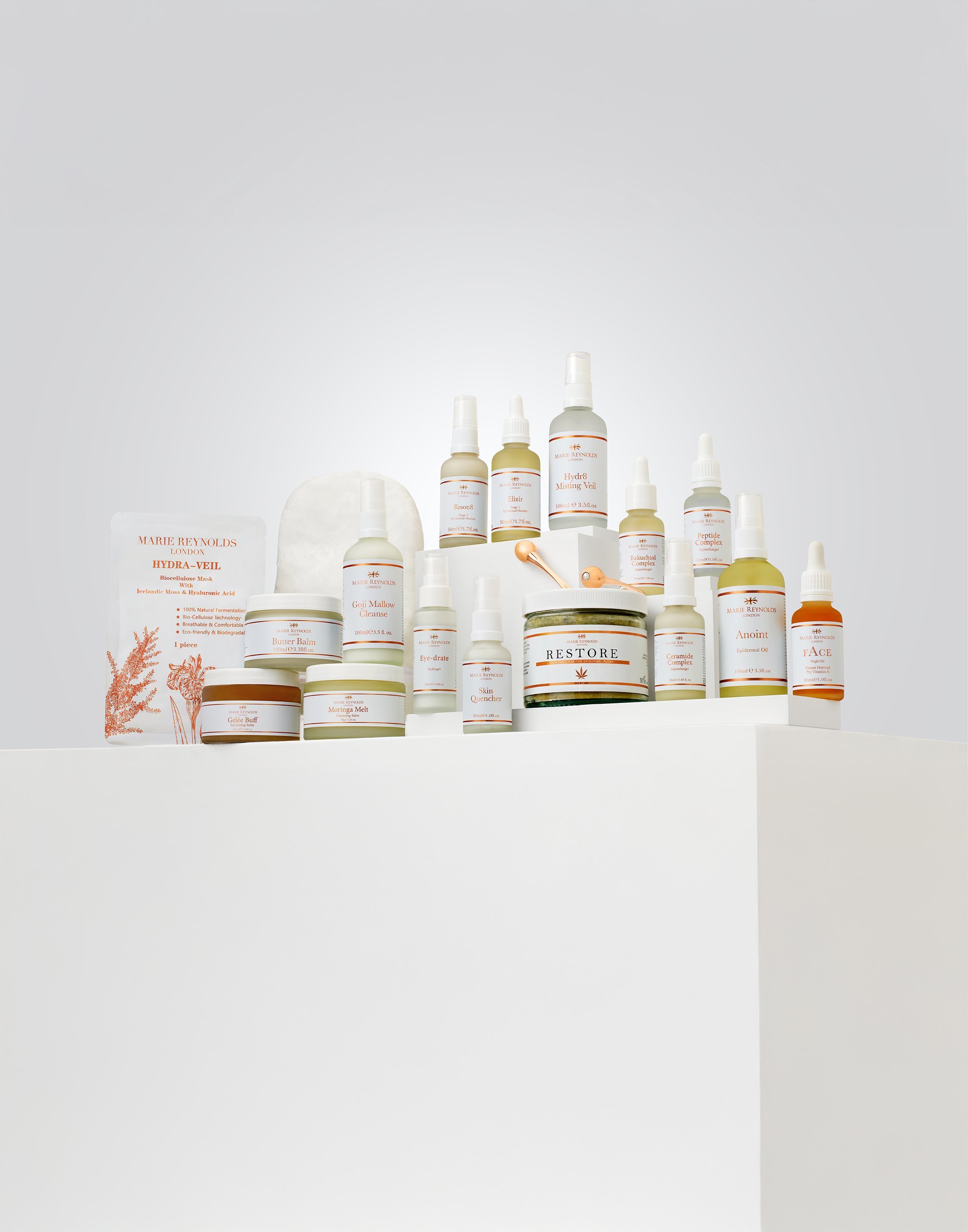 Marie Reynolds skincare and supplement products used within Elizabeth M’s personalised Skin Journeys
