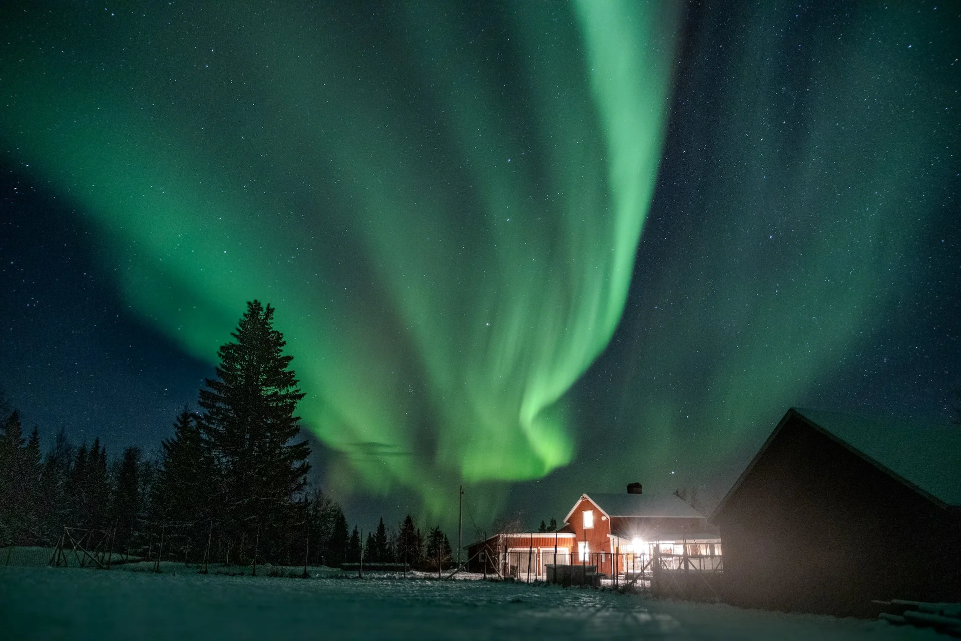 Nordlichter leuchten am Nachthimmel, über einem Haus mit Schnee, umgeben von Bäumen.