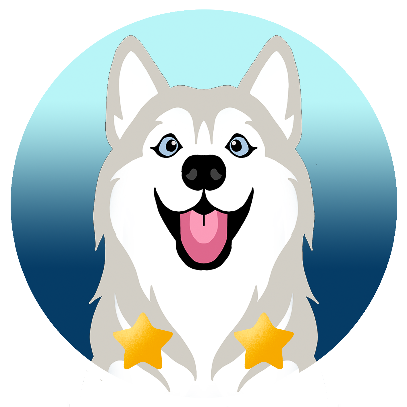 Ein fröhlicher Husky-Hund mit blauen Augen, zwei Sterne sind unter ihm zu sehen.