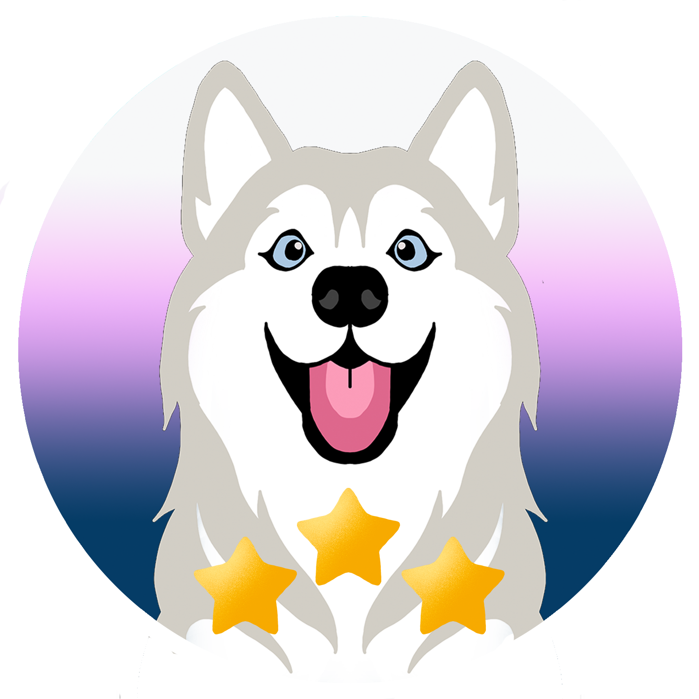 Ein Husky-Hund mit blauen Augen und offenem Maul, mit drei goldenen Sternen im Vordergrund, vor einem Farbverlauf im Hintergrund