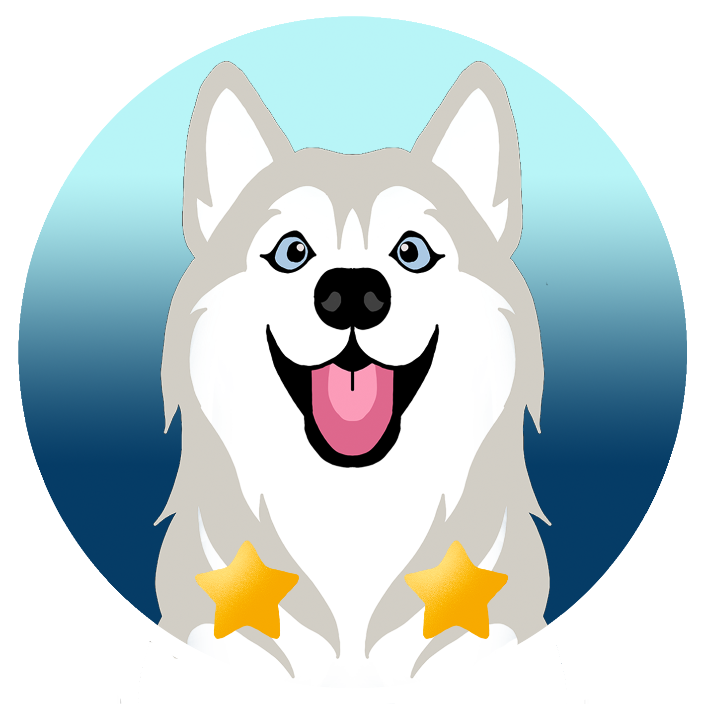 Illustration eines lachenden Huskys mit blauen Augen, zwei gelben Sternen, vor einem blauen Verlaufshintergrund.