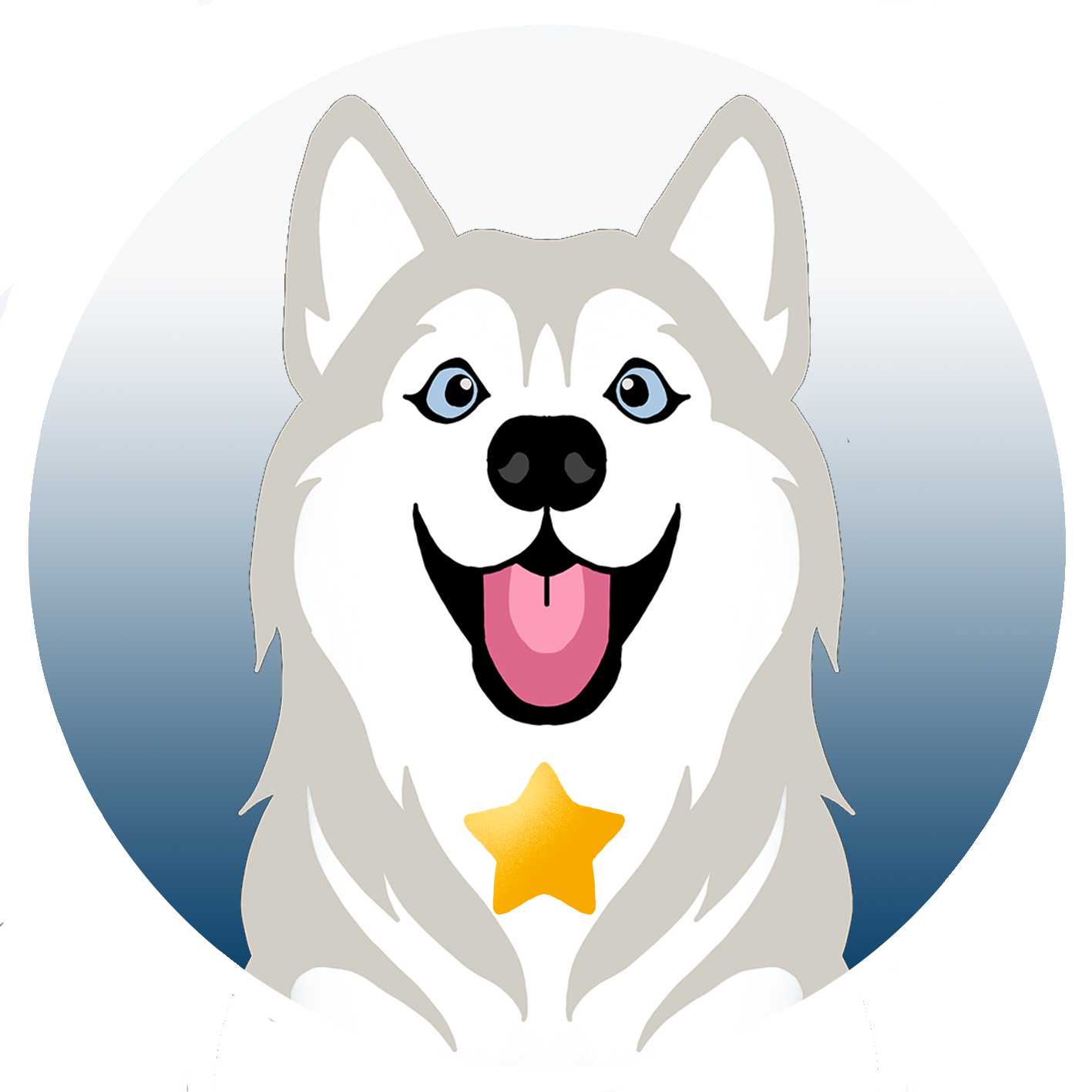 Illustration eines Siberian Husky mit offener Zunge, goldener Stern auf der Brust, im Hintergrund ein blauer Himmel mit weißem Halbmond.