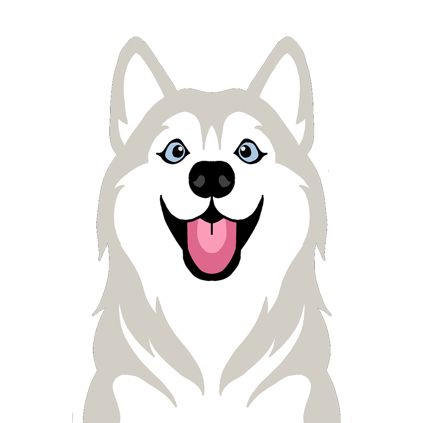 Illustration eines Hundes, vermutlich ein Siberian Husky, mit blauen Augen, aufgerissener Zunge und freundlichem Ausdruck.