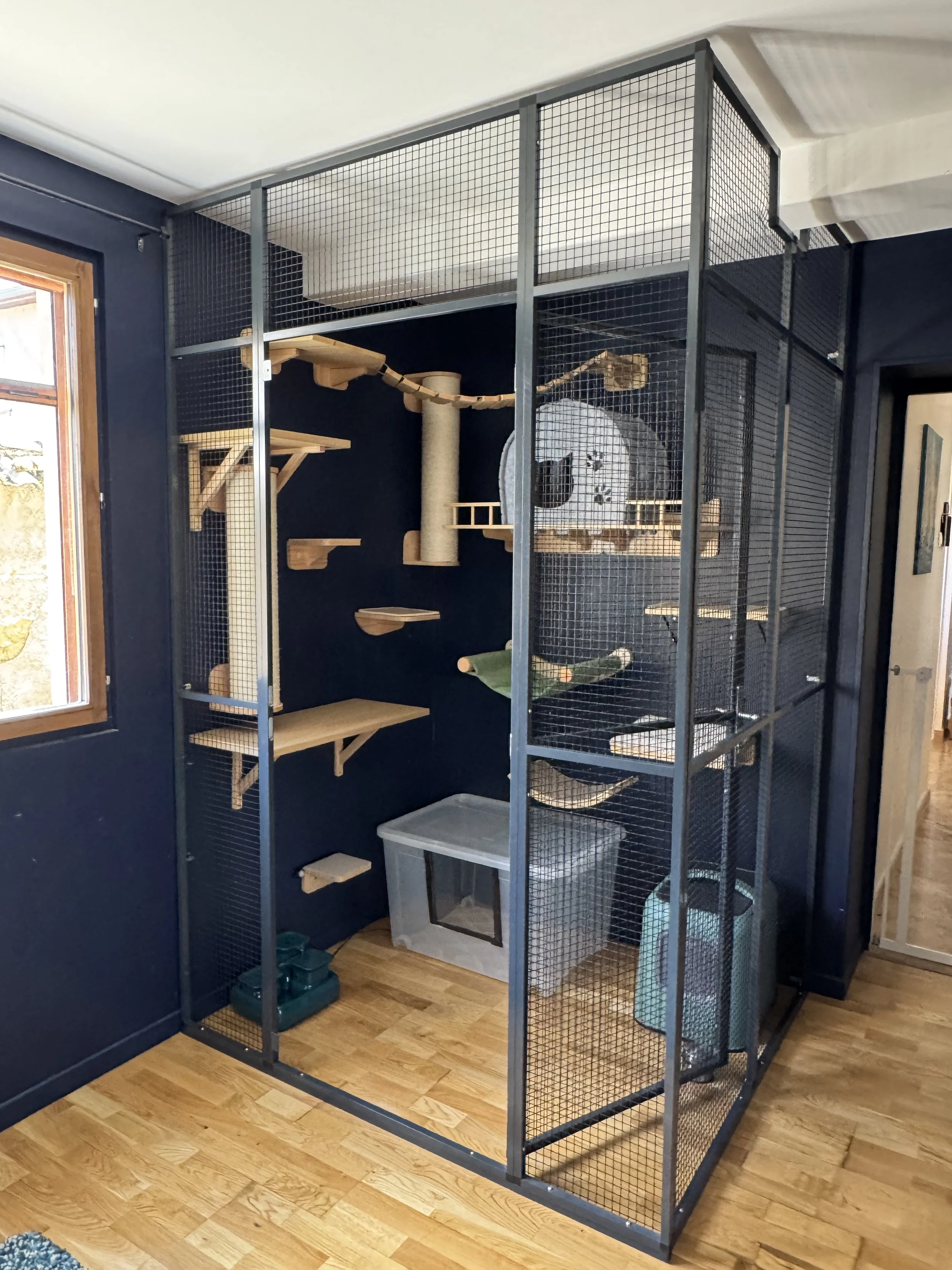 Enclos pour chat en cage en métal avec divers étages et accessoires en bois, situé dans une pièce avec un sol en bois et murs sombres.