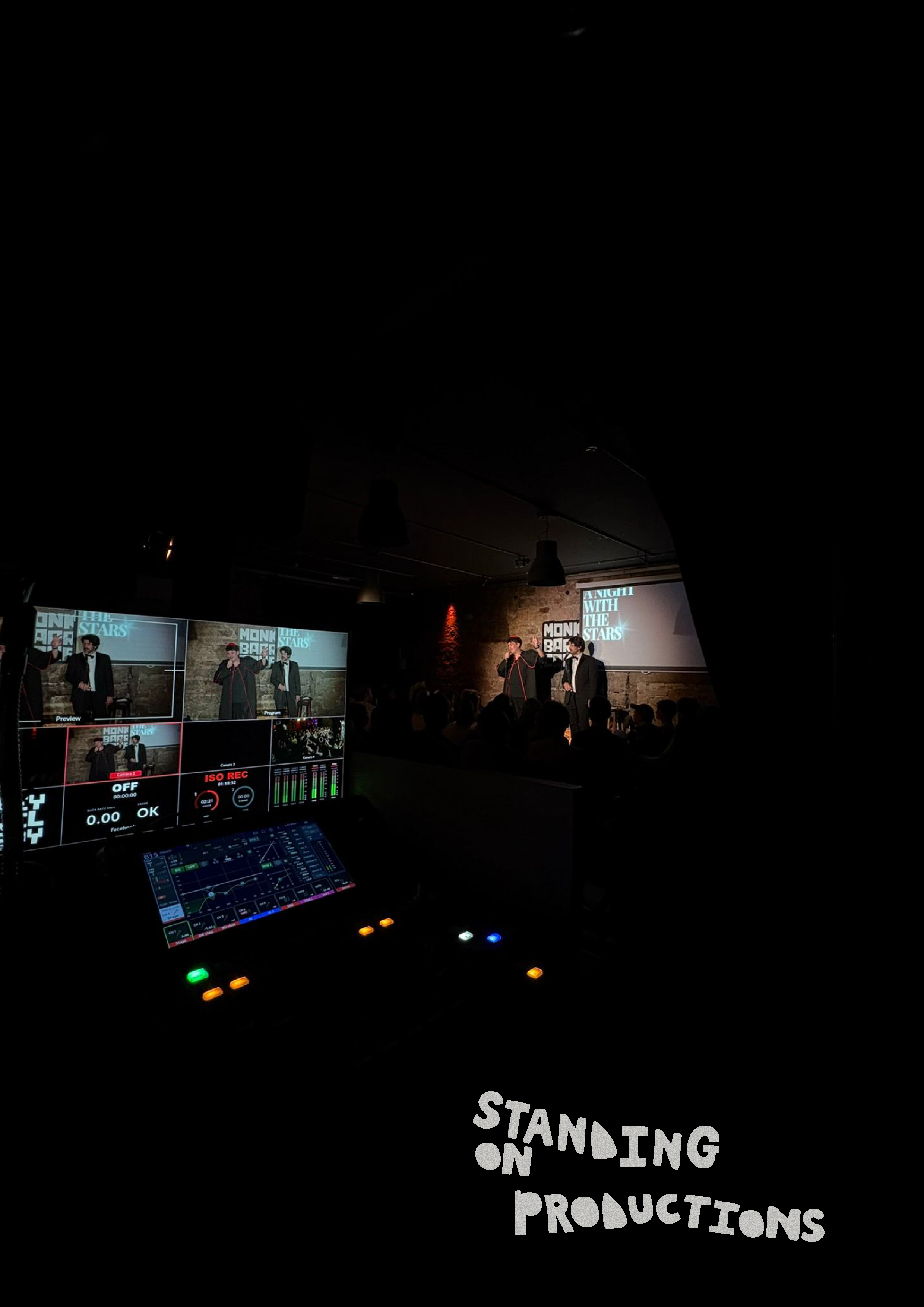 A stage with musicians performing and a screen displaying a presentation titled 'A Night with the Stars.' In the foreground, a person is operating a video control panel with several screens and colorful buttons. A sign with bold white text reads, 'STANDING ON PRODUCTIONS.'