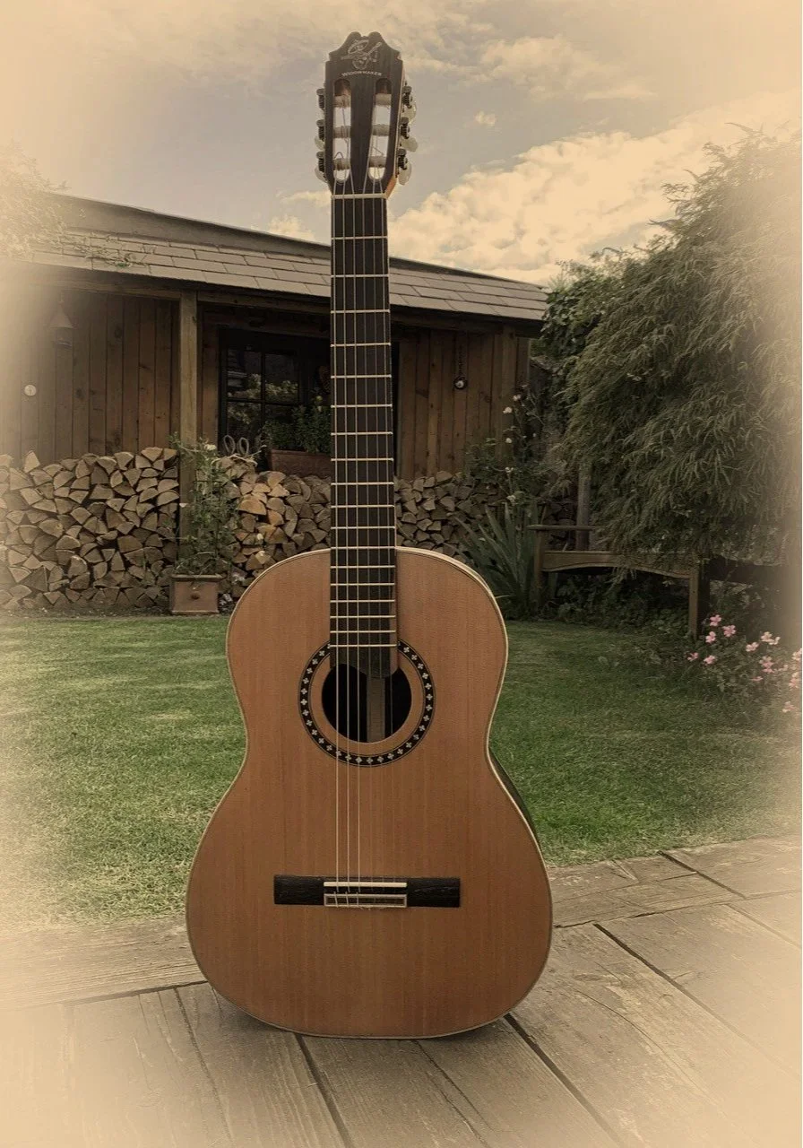 An acoustic guitar standing upright outdoors on a wooden deck with a grassy yard, trees, and a wooden garden shed in the background.