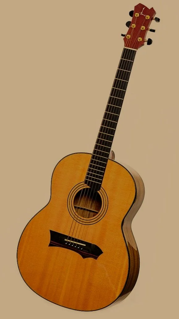 An acoustic guitar with a natural wood finish and a dark fretboard resting against a plain light background.