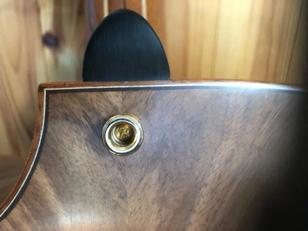 Close-up of a wooden guitar body with a gold screw fastener and a black pickguard, against a wooden wall background.