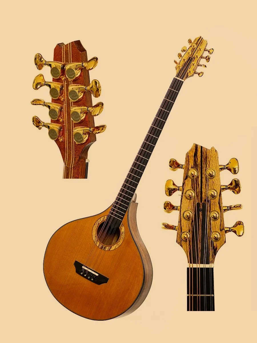 Three guitars with wooden bodies and golden tuning pegs, shown from different angles against a light beige background.