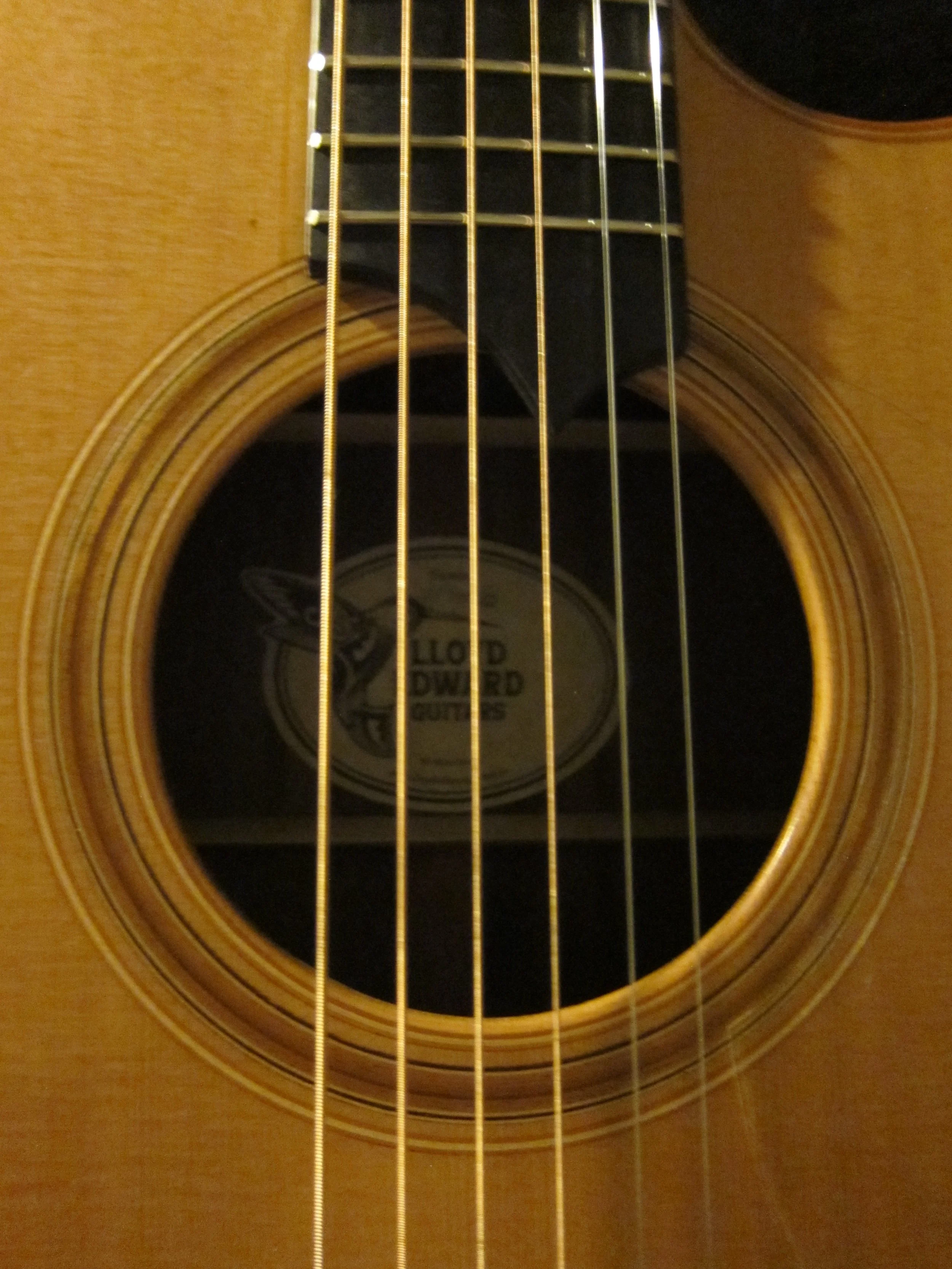Close-up of an acoustic guitar's soundhole, strings, and rosette with a label inside the soundhole that says Lloyd L. Loard Guitars.