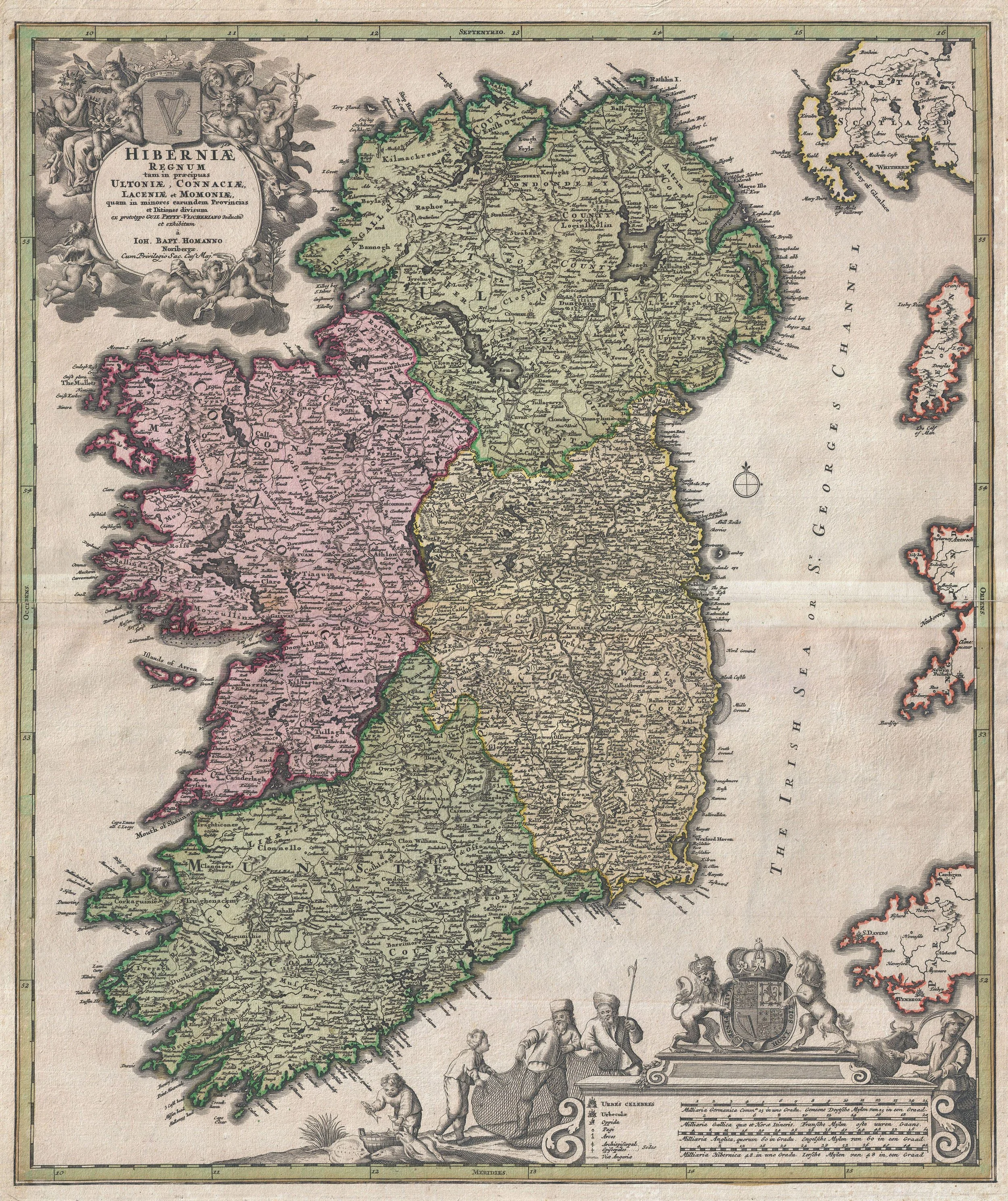 Detailed historical map of Ireland showing region boundaries, cities, towns, and geographical features, with decorative cartouches, a coat of arms, and illustrated figures at the bottom.