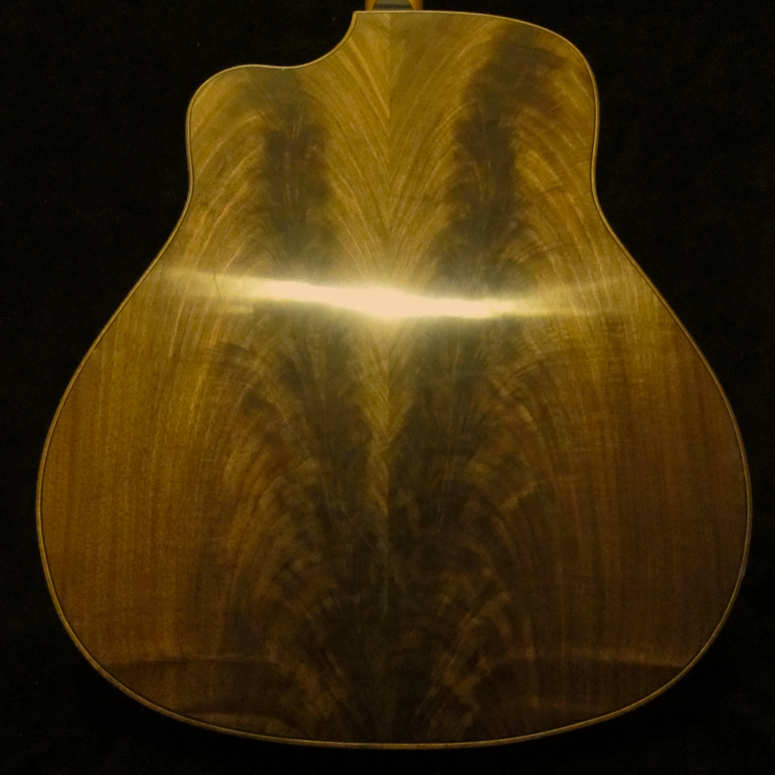 Close-up of the back of an acoustic guitar's wooden body, showing the wood grain and a glossy finish with a reflection of light.