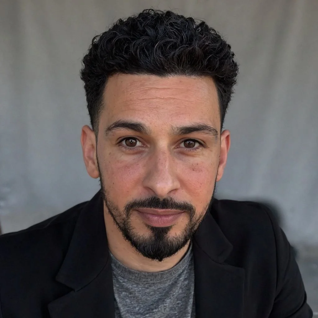 Close-up portrait of a man with dark curly hair, a beard, and mustache, wearing a black blazer over a gray shirt against a plain background.
