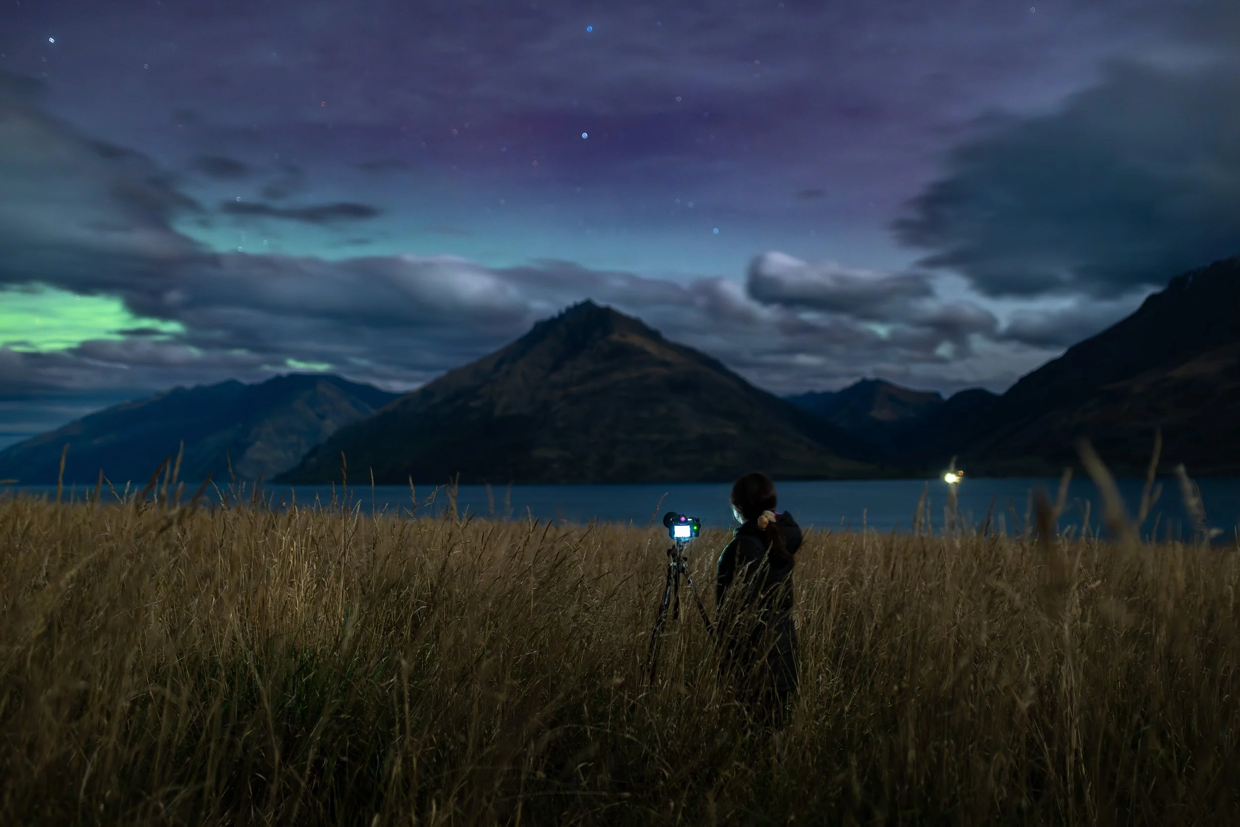 Photographer standing in tall grass with a tripod setup, looking at a camera screen with a green Aurora Australis glow and starry night sky over mountains and lake.