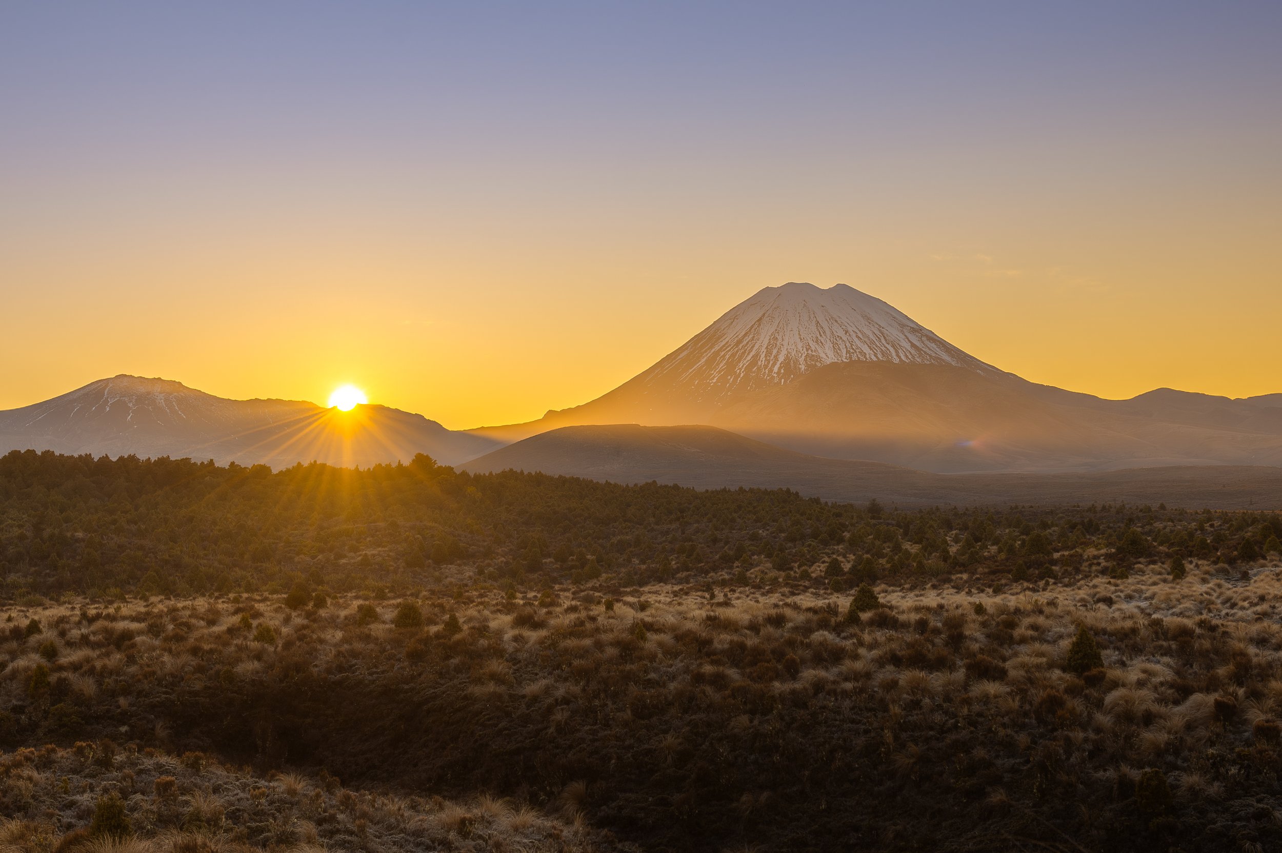 Golden hour sunset over Mount Ngauruhoe, Tongariro National Park, New Zealand — Yellow & Black fine art photography collection