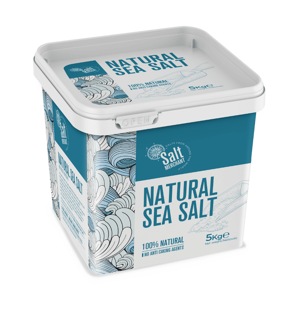 A white and blue rectangular container of natural sea salt with a slide-open lid, labeled as 5 kg.