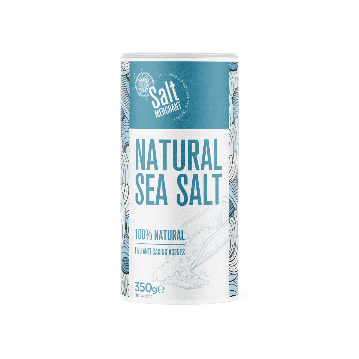 A package of natural sea salt with a blue and white design, labeling it as 100% natural with no anti-caking agents, weighing 350 grams.