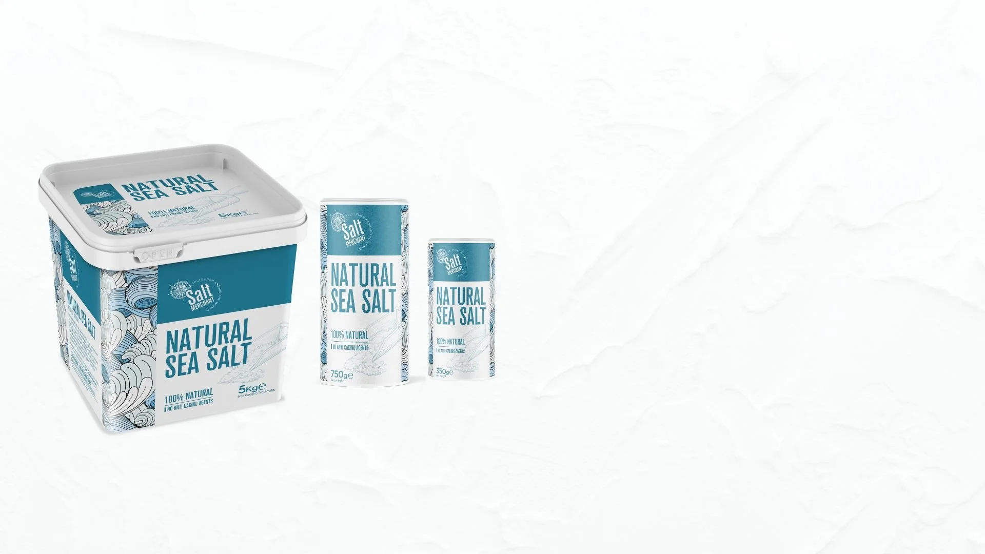 Three packages of natural sea salt, one is a large container and two are smaller containers categorized by weight, with blue and white labeling.