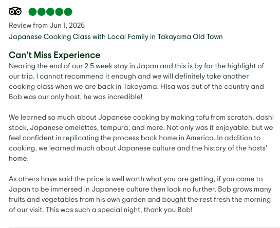 Screenshot of a review for a Japanese cooking class with a title, date, and detailed customer feedback.