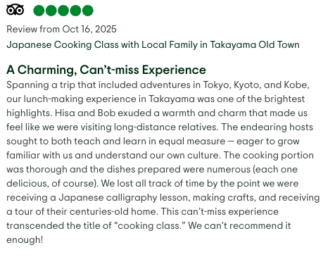 Screen capture of a blog review about a Japanese cooking class in Takayama Old Town, highlighting a charming experience with local hosts, emphasizing the cultural immersion, cooking, crafting, and touring aspects.