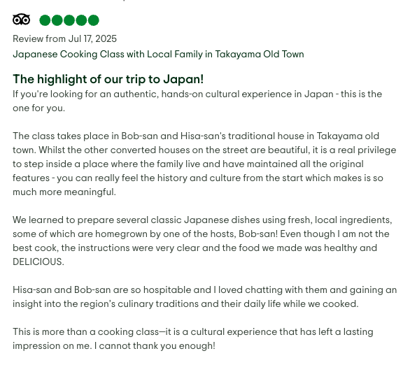 Screenshot of a review or description of a Japanese cooking class in Takayama Old Town, Japan, dated July 17, 2025.