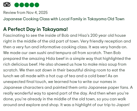 Text review of a Japanese cooking class in Takayama, describing a fun, hands-on experience making sushi and miso soup, with insights into Japanese culture and cuisine.