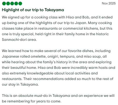 A page of a travel journal or report titled 'Highlight of our trip to Takayama, Nov 2025,' with text describing a cooking class with Hisa and Bob, and experiences making Japanese dishes while exploring the Sanmachi-dori area.