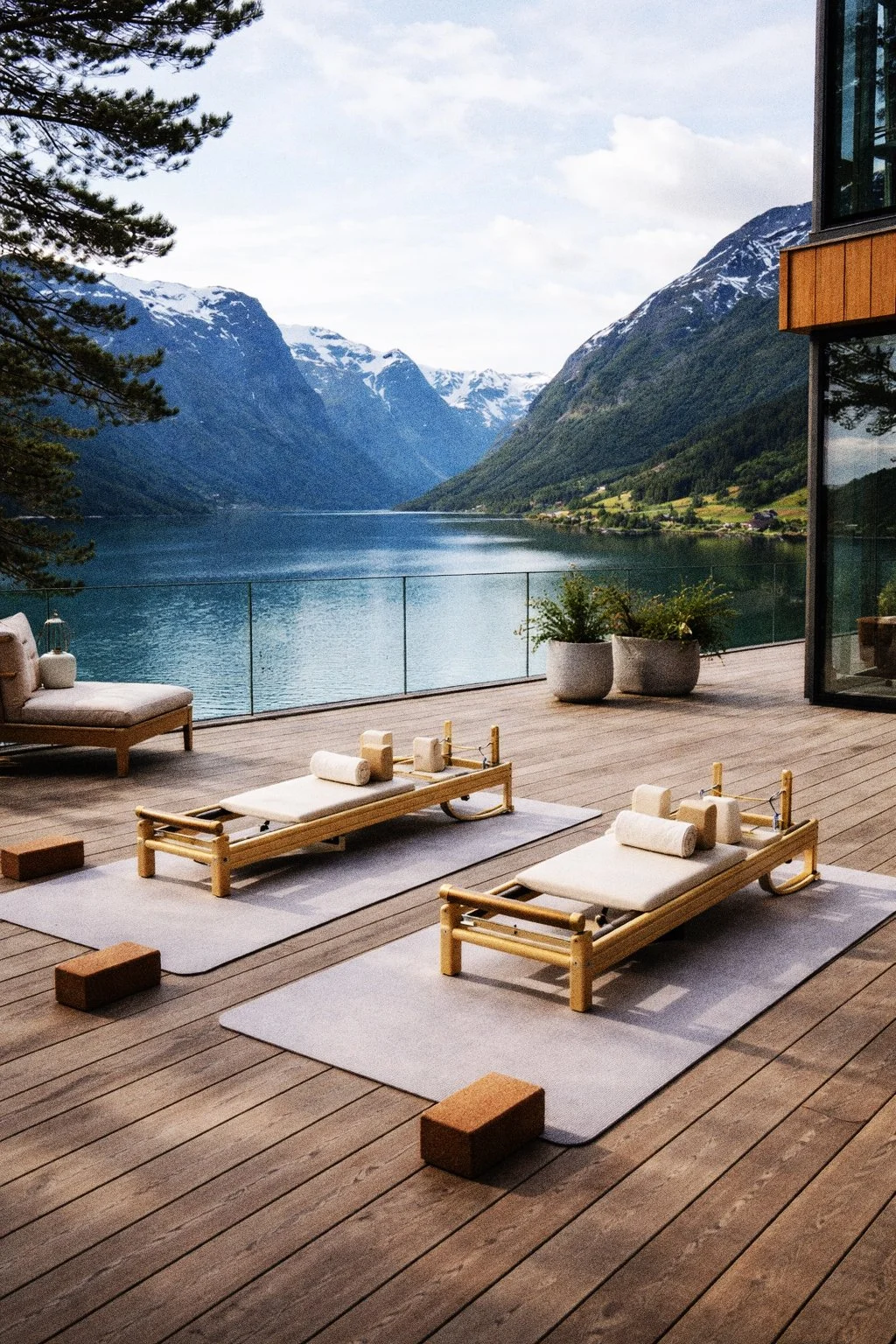 A balcony with two yoga mats and bolsters, overlooking a serene lake surrounded by snow-capped mountains and lush green hills.