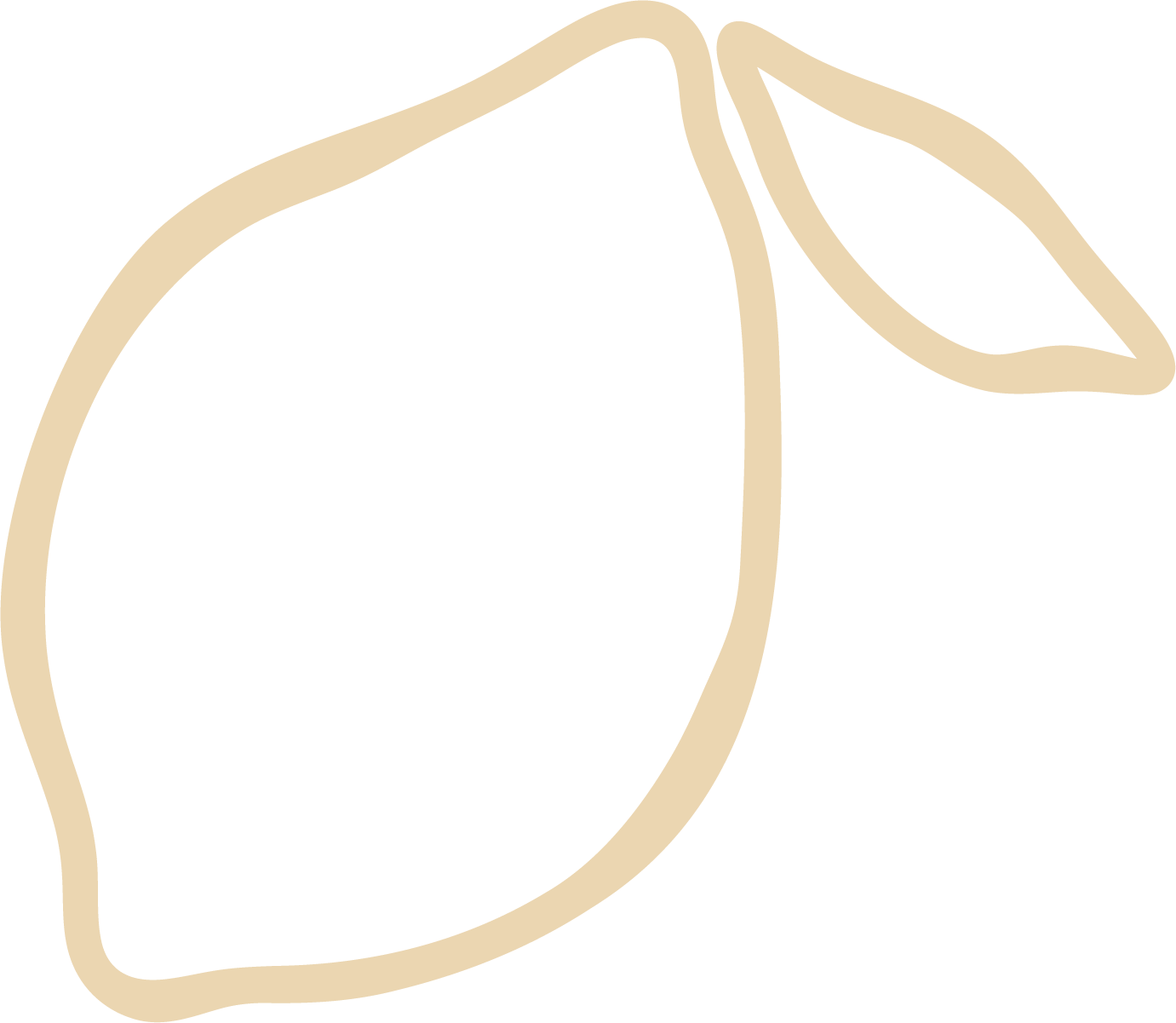 Minimalist line drawing of a lemon with a leaf attached to its stem.