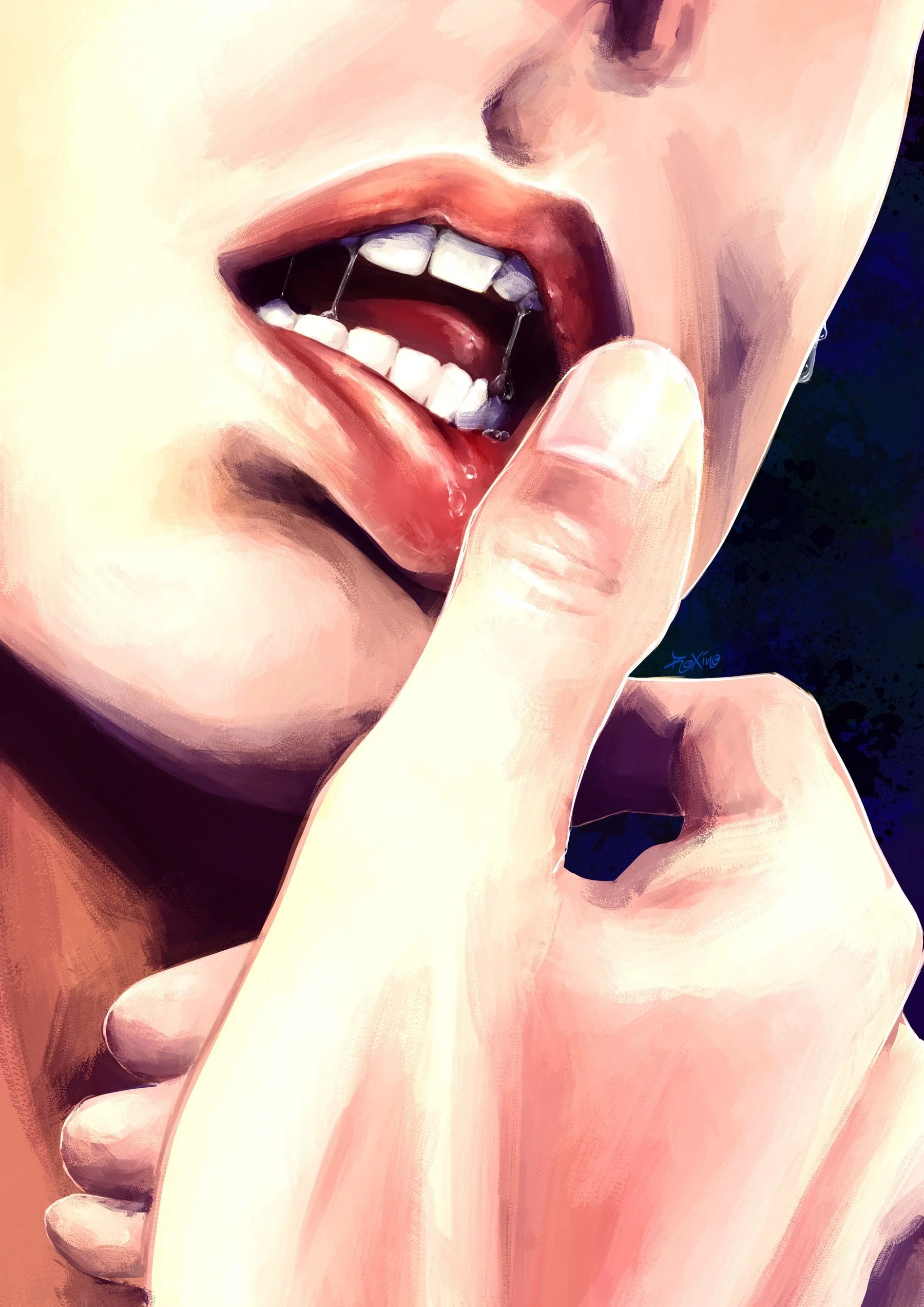 Sensual art, erotic, soft, lips, moist, lipstroke, thumb, open mouth, breath, gasp, yearning, gay, LGBT, two men, portrait, figure painting, hand, lips, teeth, tongue, tender touch, male lovers, LGBT, queer