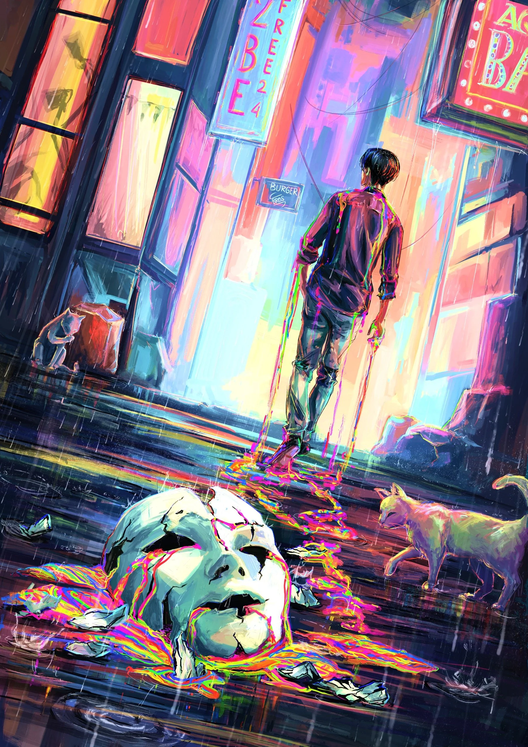 neon city light rain night, urban, painting, digital  Neon art, identity, coming out art, vulnerability, broken mask, rainbow colors, man walking away, flowing colors, cats, alley, melancholic, emporement, breaking free, LGBT+ queer art
