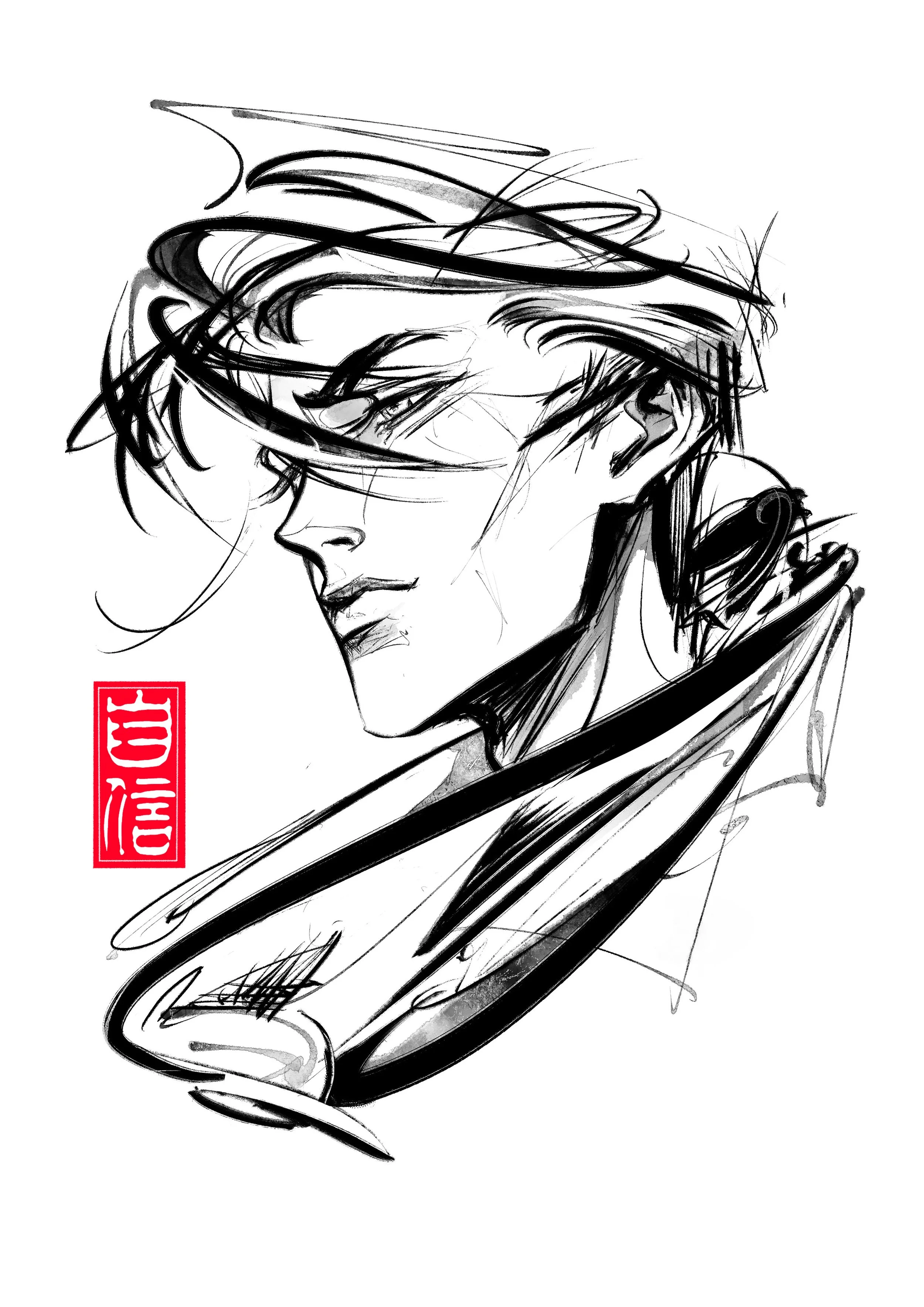 Sensual art, erotic, male face, male portrait, dynamic face, figure drawing, flowing lines, flowing hair, sketchy, gay art, beautiful man, hanko, sumi-e art, sketchy drawing, dynamic ink, handsome man art, pretty male face