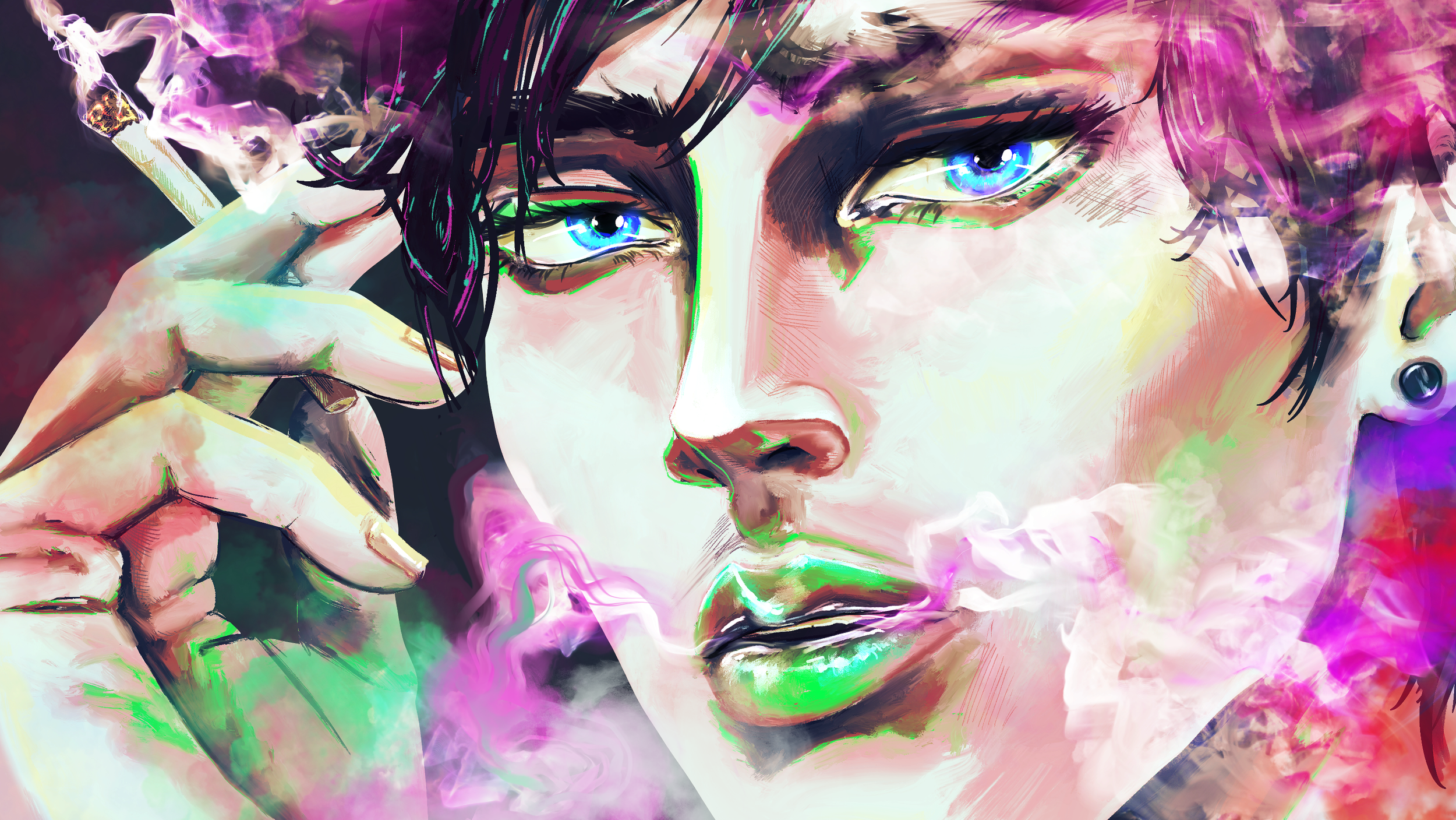 portrait, neon colors, digital art, male portrait, face, smoke, blue eyes black hair, surreal colors, cigarette, seductive gaze, smoky atmosphere, piercing eyes, man with makeup, beautiful male face