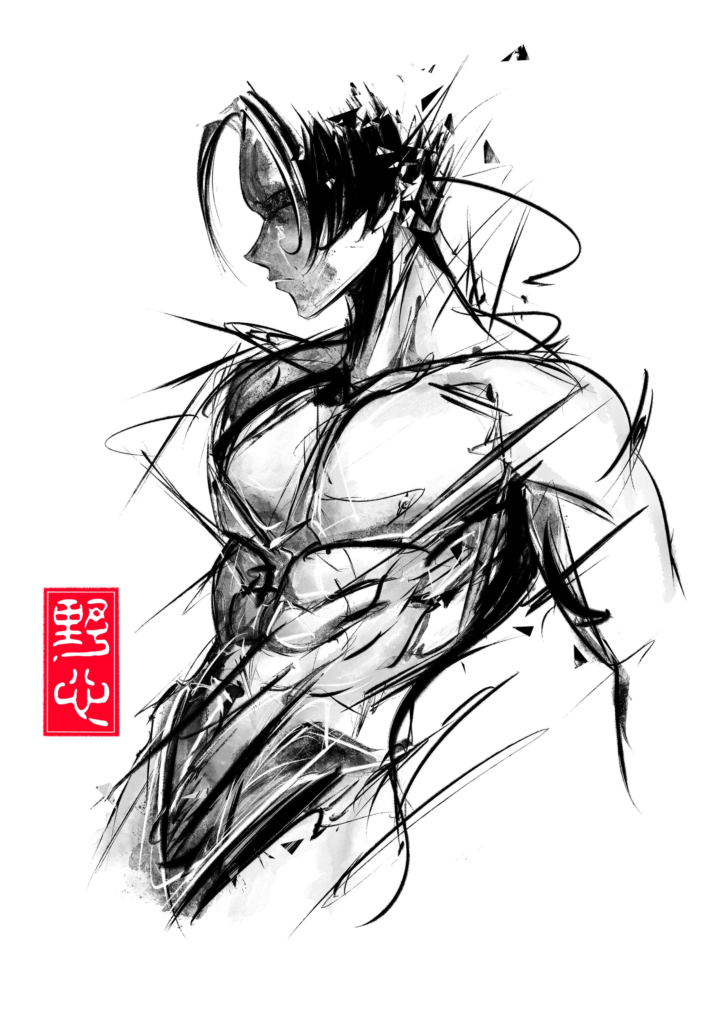 Ink drawing, male body, sumi-e, dynamic naked body, figure drawing, hanko, torso, abs drawing