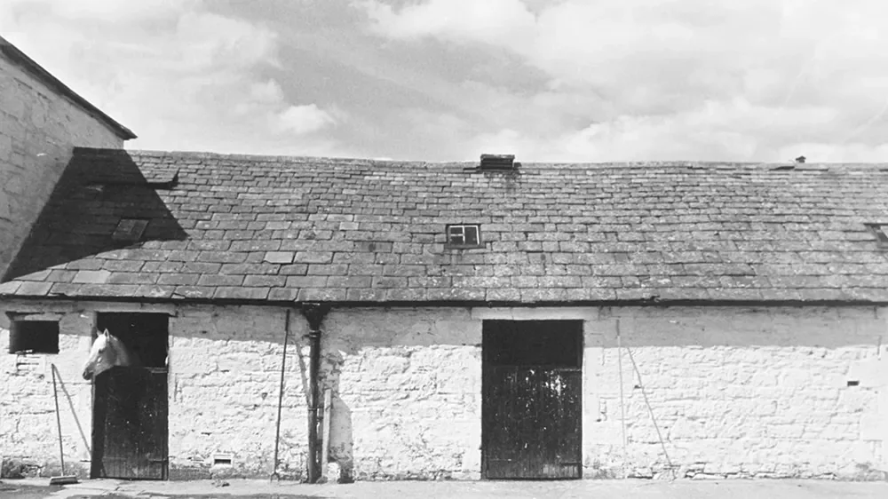 Old stone barn with a horse looking out of a side door, on a cloudy day.