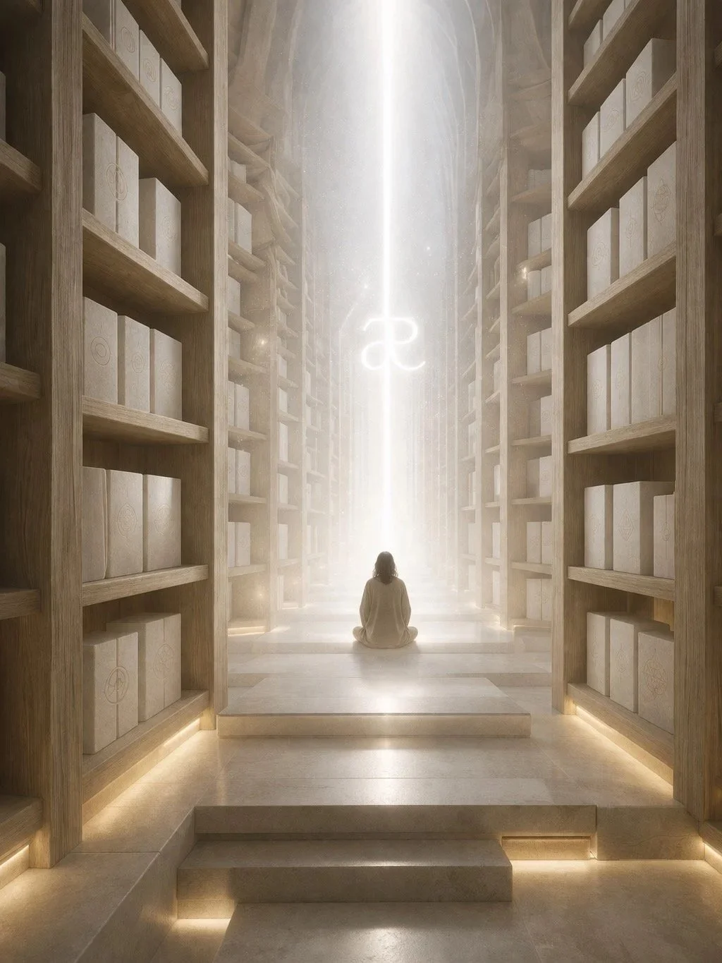 Une personne assise en méditation dans une grande bibliothèque ou un espace de stockage de livres, avec des étagères en bois remplies de livres blancs, et une lumière brillante descendant du plafond avec un symbole lumineux suspendu au centre.