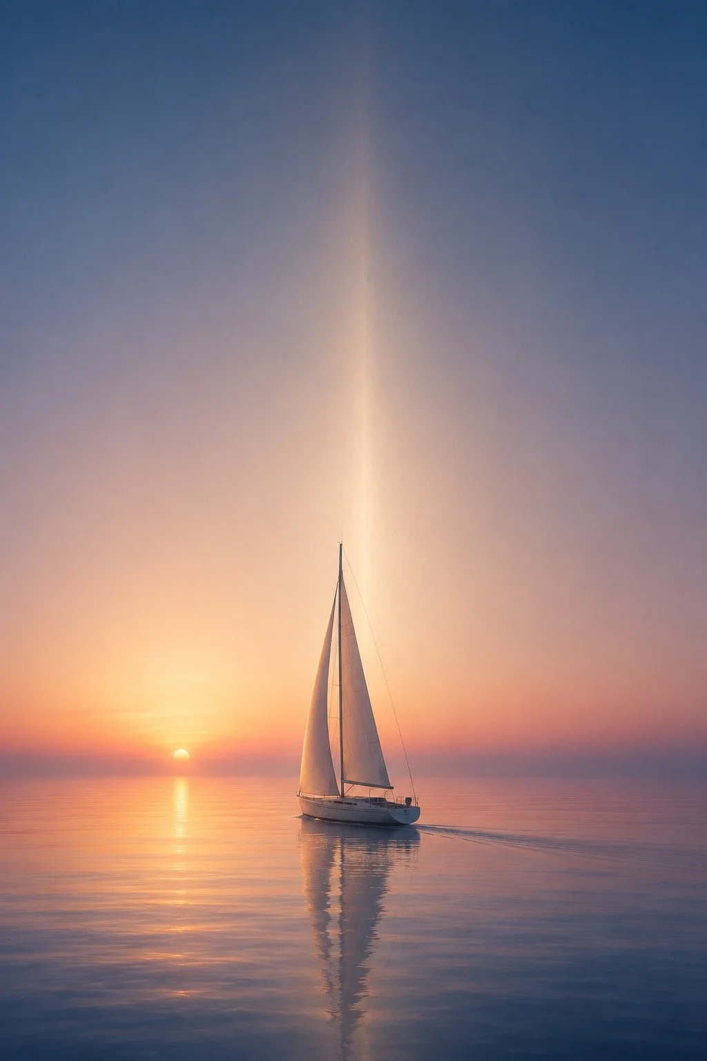 Voilier naviguant sur une mer calme au coucher du soleil, avec un ciel coloré et une réflexion sur l'eau.