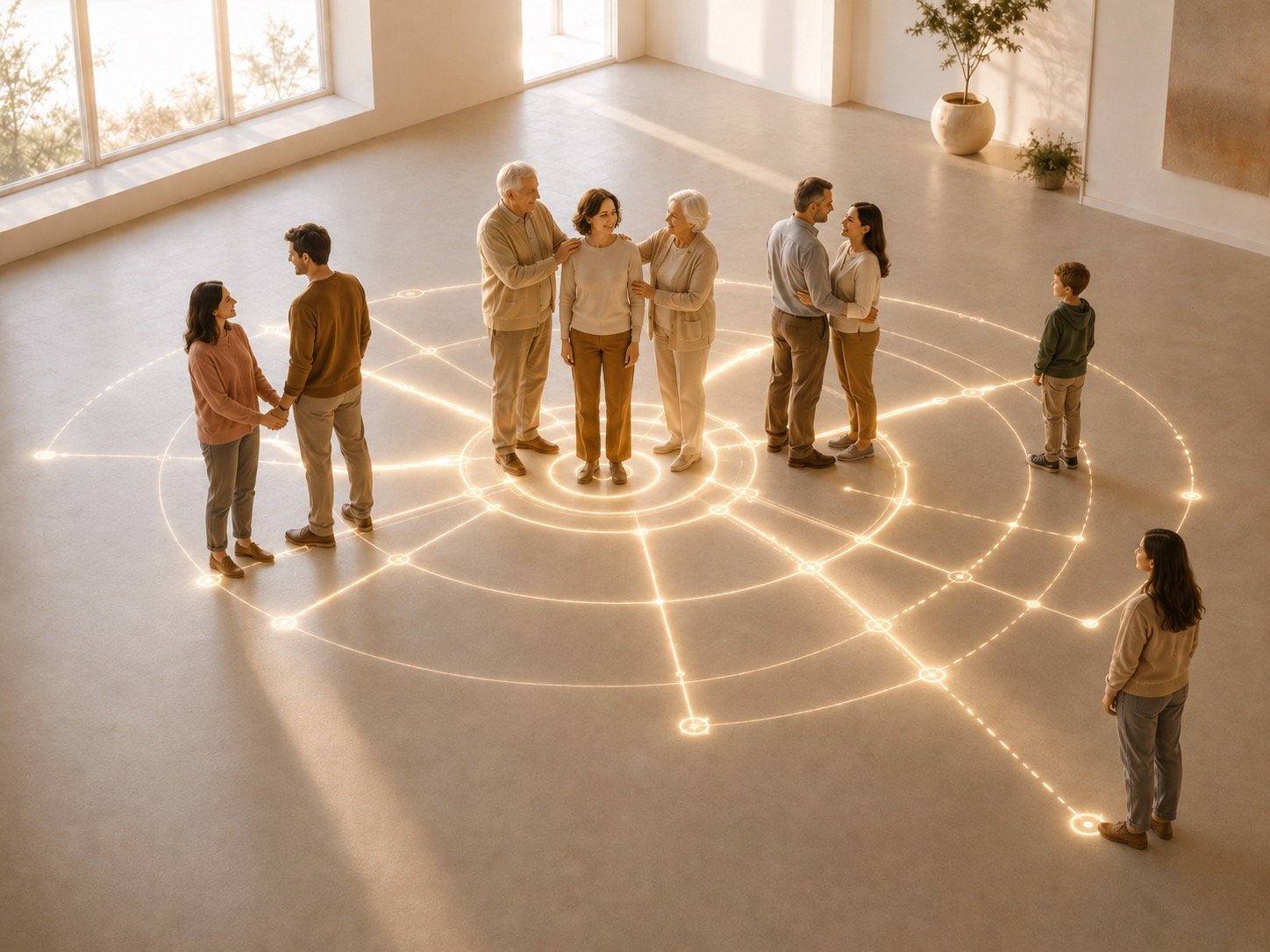 groupe de personnes de différents âges formant des couples dans un espace intérieur, entouré de lignes lumineuses circulaires