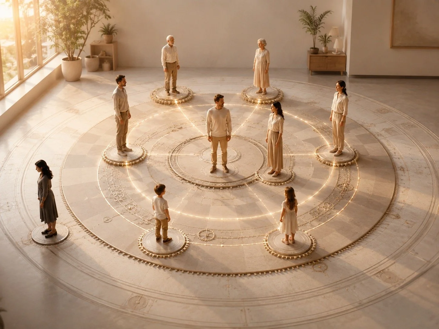 Un groupe d'adultes et d'enfants debout sur des plateformes circulaires dans une pièce lumineuse, reliés par des lignes de lumière, créant un motif géométrique complexe au sol. Stratégie visuelle évoquant la connectivité du système familiale.