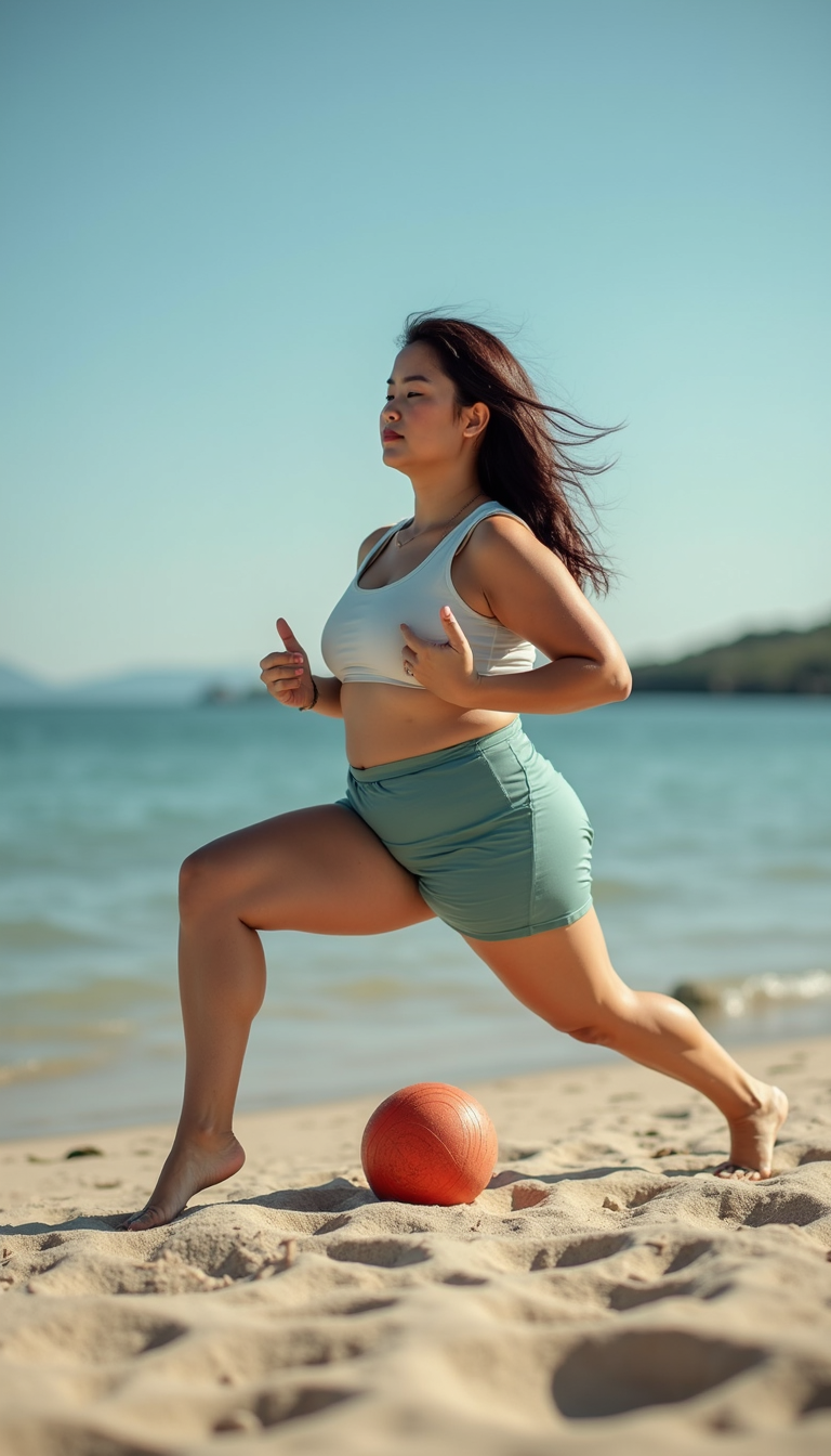 A woman jogging on the beach with a basketball on the sand.