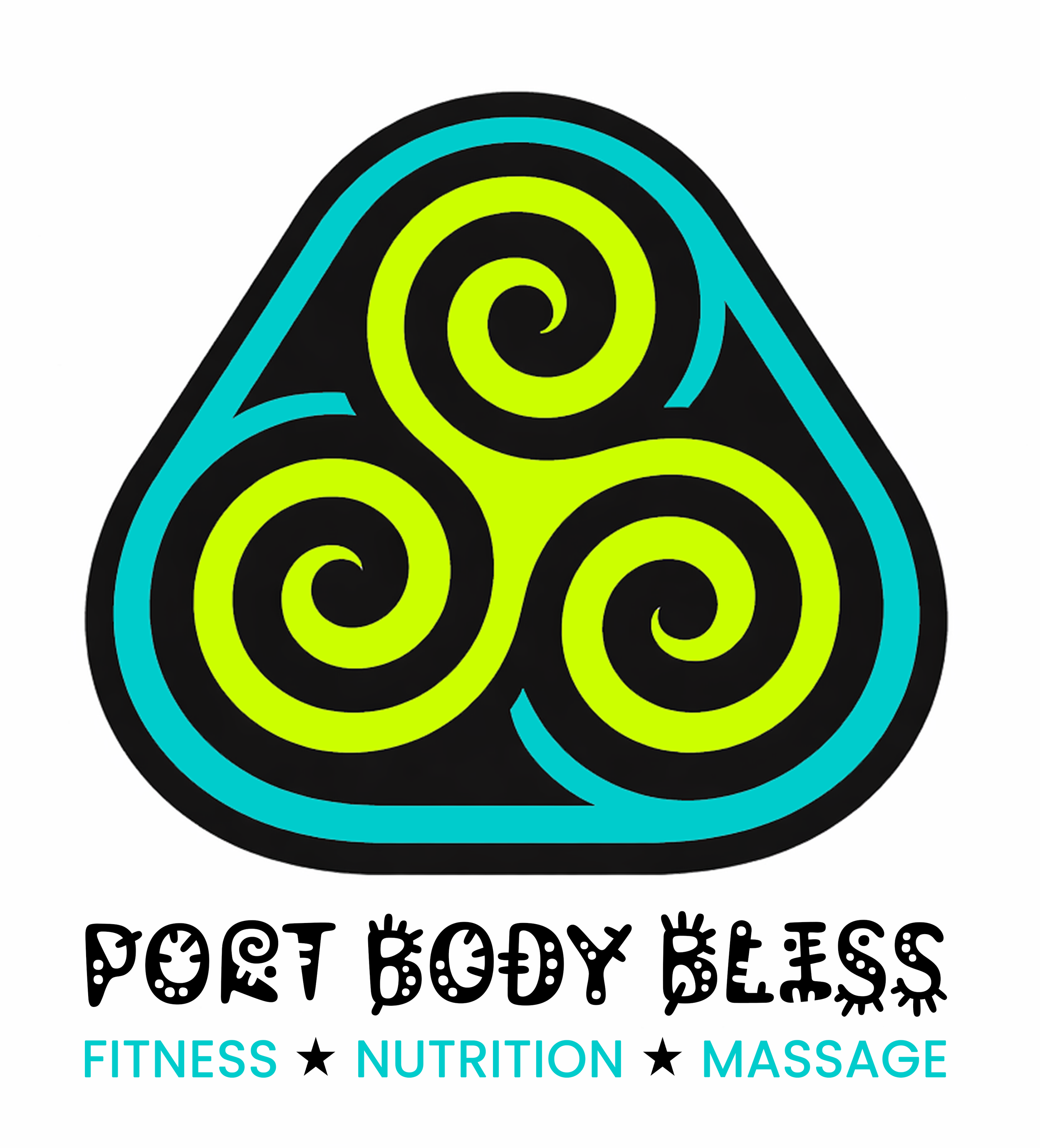 Logo for PORT BODY BLISS featuring a triquetra with green and blue spirals and the business name, along with the text 'Fitness, Nutrition, Massage'.