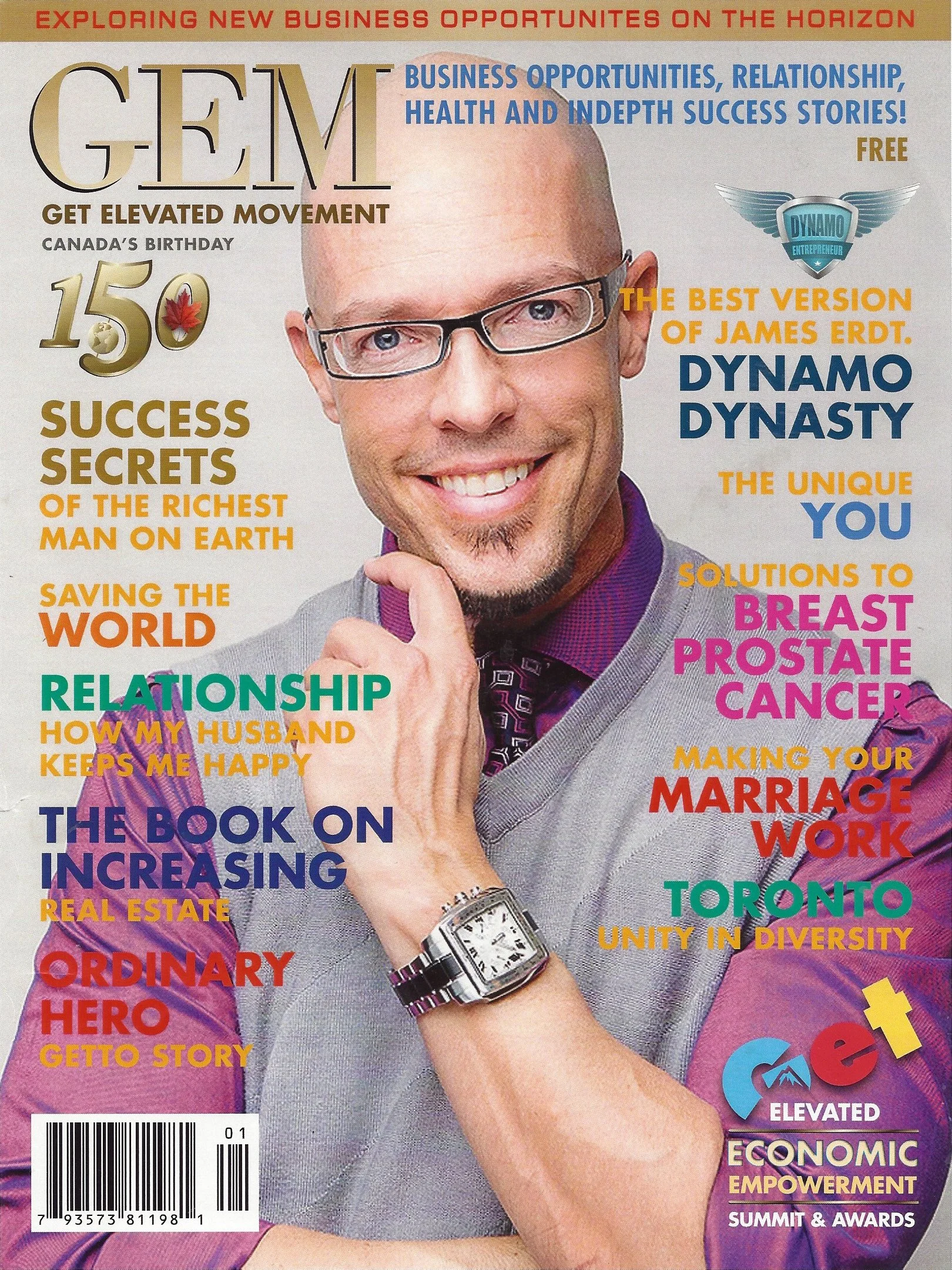 Cover of GEM magazine featuring a James Erdt with glasses, dressed in a purple shirt and grey vest, wearing a wristwatch, surrounded by colorful headlines about business, health, relationships, and success stories.