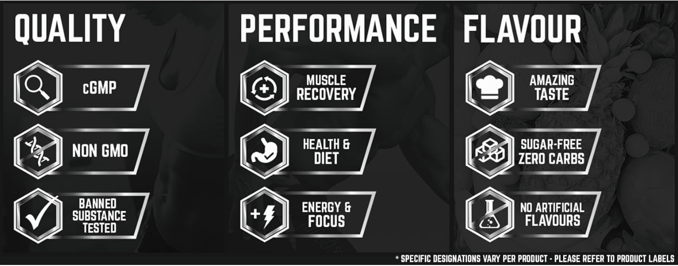 A graphic divided into three sections highlighting qualities of a product: "Quality" with cGMP, Non-GMO, and Banned Substance Tested; "Performance" with Muscle Recovery, Health & Diet, and Energy & Focus; and "Flavour" with Amazing Taste, Sugar-Free Zero Carbs, and No Artificial Flavours. Each section has icons next to the descriptions.