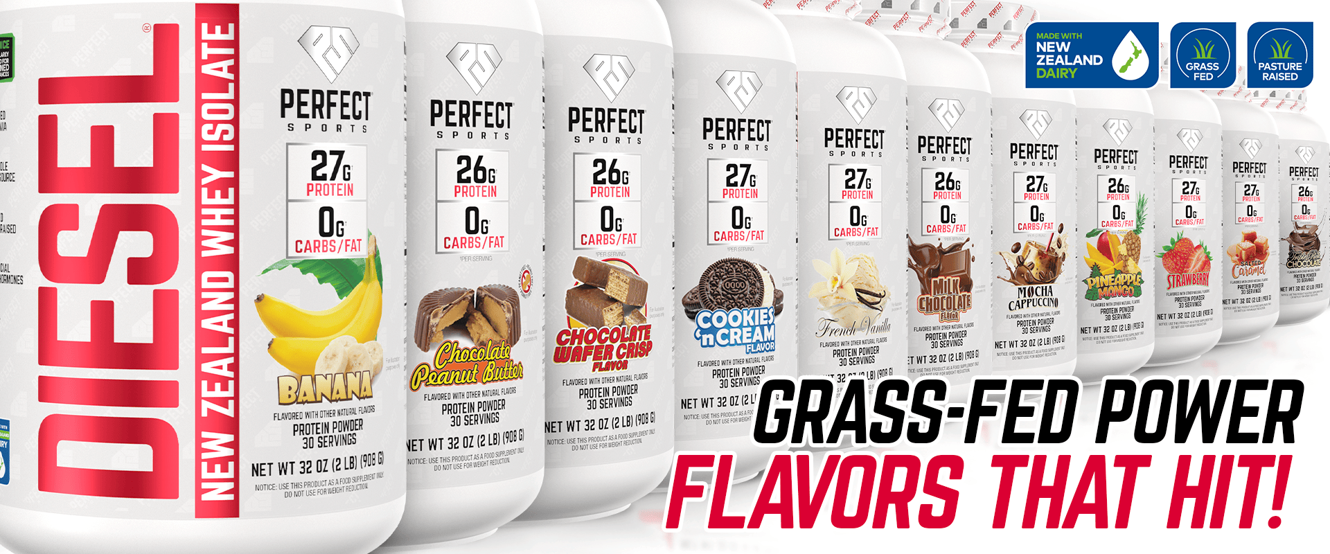 Line of Perfect Sports whey protein powder containers in various flavors, including banana, peanut butter, chocolate wafer crisp, vanilla, mocha cappuccino, pineapple mango, strawberry, salted caramel, and chocolate fudge, with a label indicating grass-fed, New Zealand dairy origin, and zero carbs or fat.