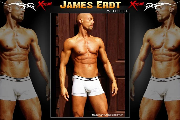 Photograph of James Erdt, an athlete, posing in white underwear, showing a muscular physique, with a black background and his name displayed at the top.